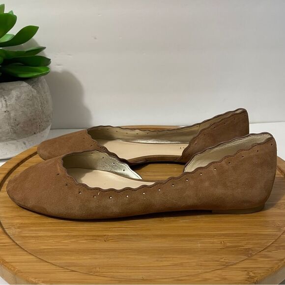 Nine West Mai Leather Ballet Flat Women 7.5 Brown Scalloped Coquette Career Shoe - Picture 1 of 9